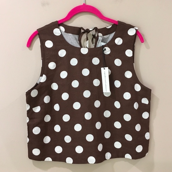 cupcakes & cashmere Tops - Cupcakes and Cashmere Polka Dot Crop Tank Top Brown White Tie Neck Women’s S NWT